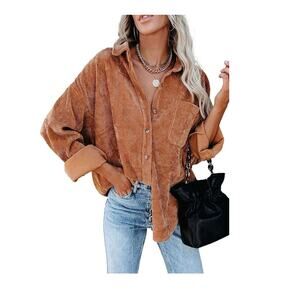 Womens Corduroy Button Down Shirt Long Sleeve Jacket Oversized Boyfriend Small‎